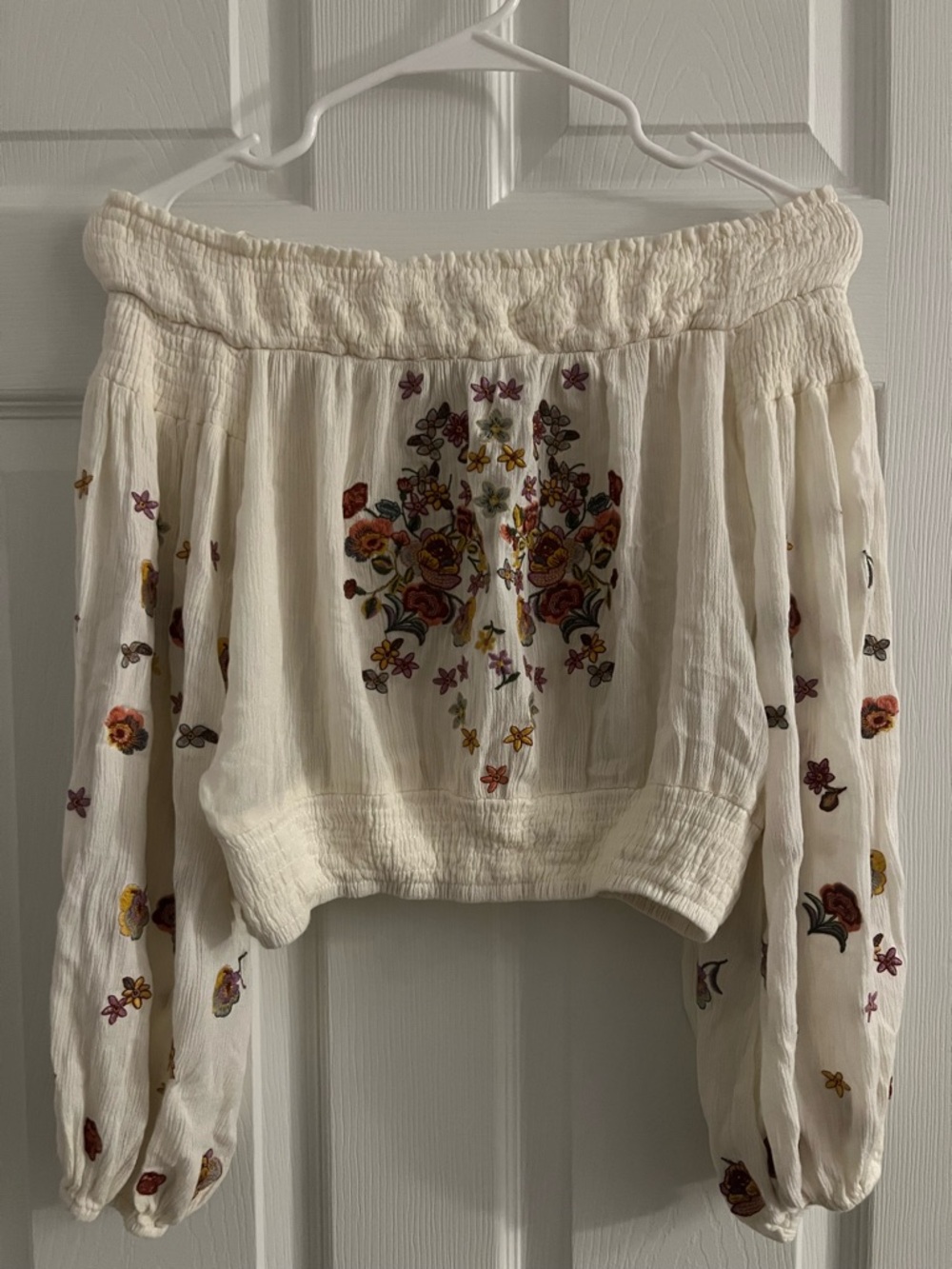 Altar'd State Cream Off-Shoulder Cropped Top with Multicolor Floral Embroidery